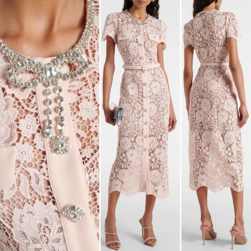 Self-Portrait Blush Pink Lace Midi Dress with Crystal Trim